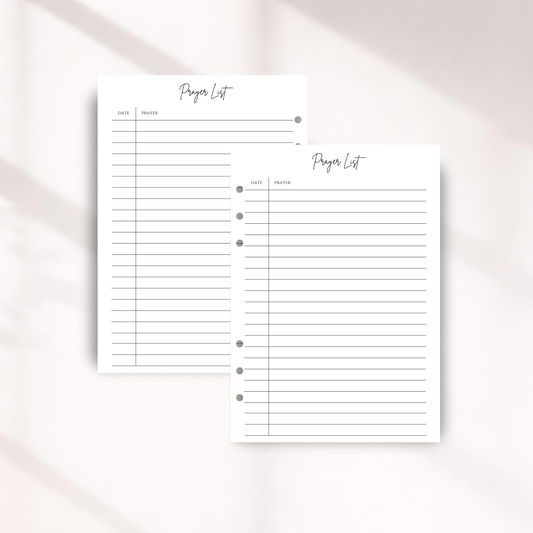 A5 Prayer list tinserts on a white background