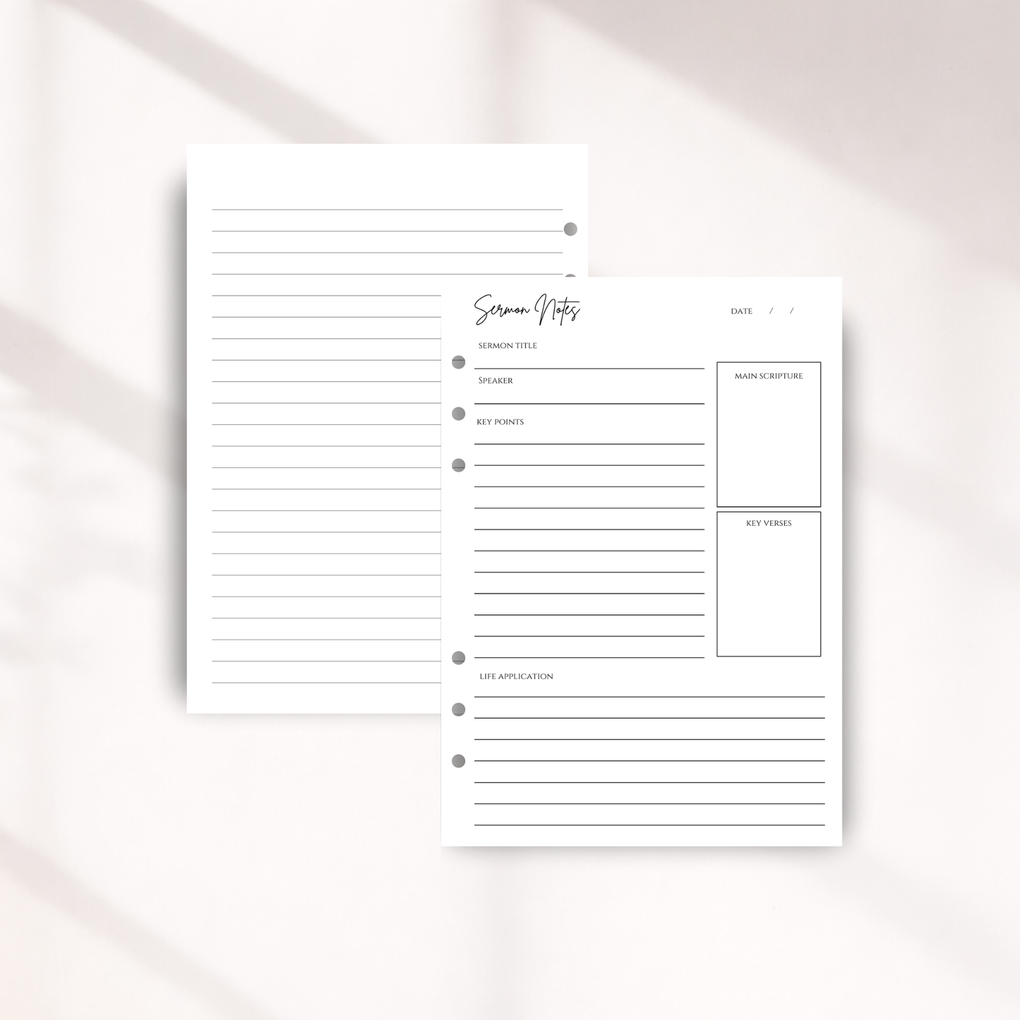 A5 Sermon Notes with black text and lines on a light pink background