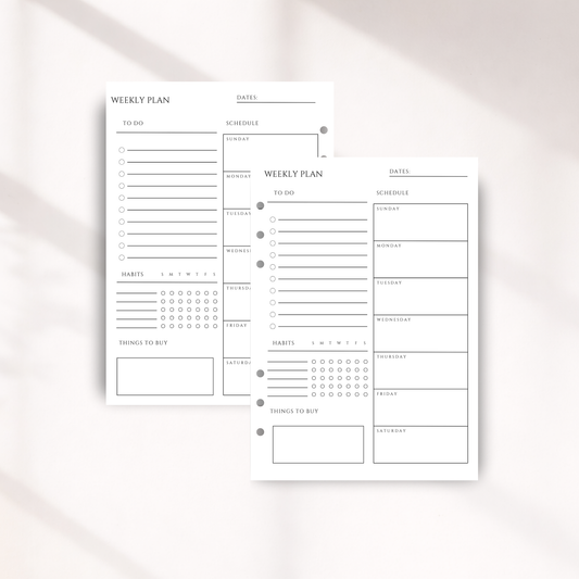 Weekly planner sheet with various sections on a white background