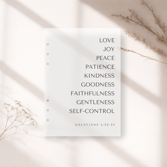 Fruit of the Spirit Frosted A5 Dashboard on a light background with dried plants