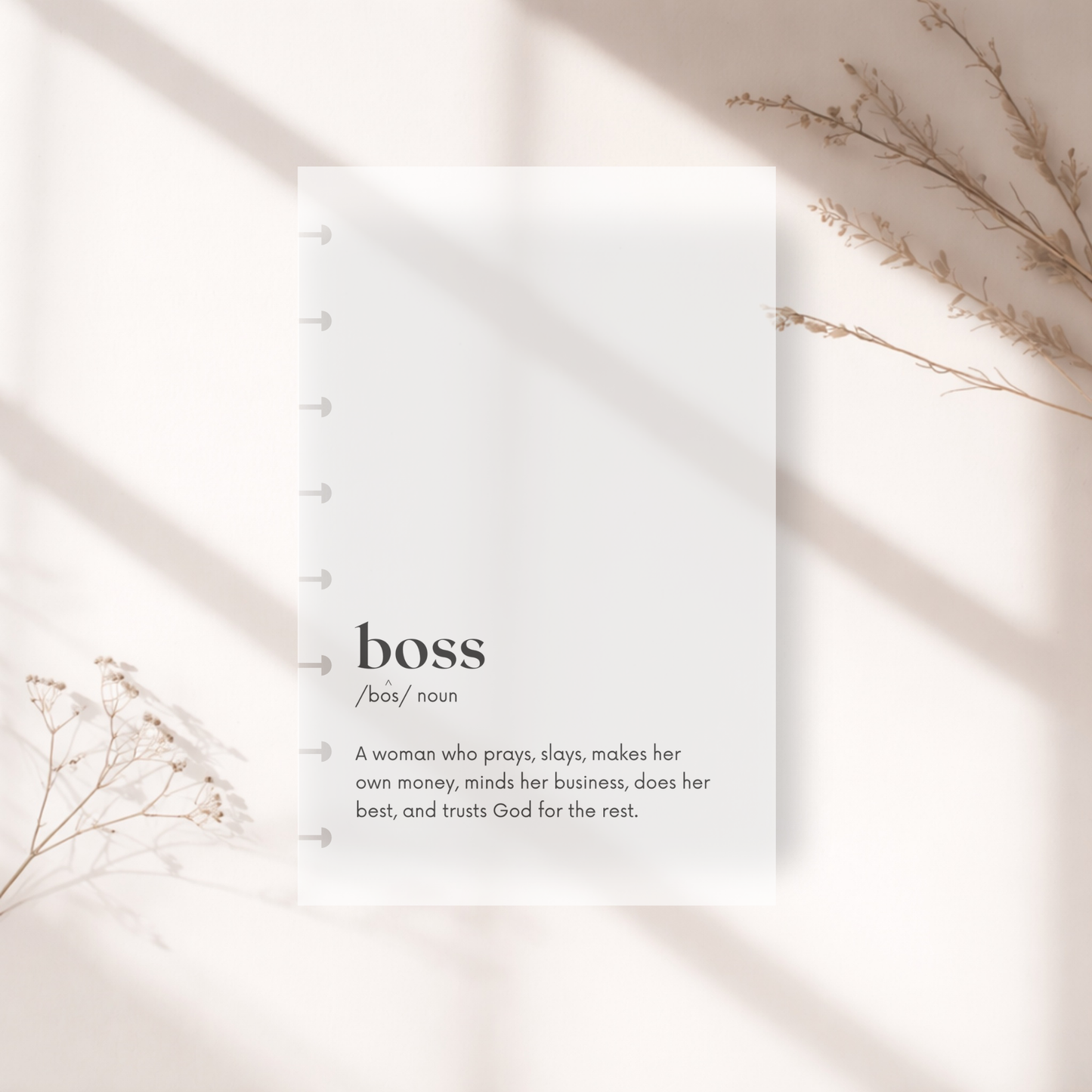 Half Letter Frosted Dashboard with 'boss' definition on a light background
