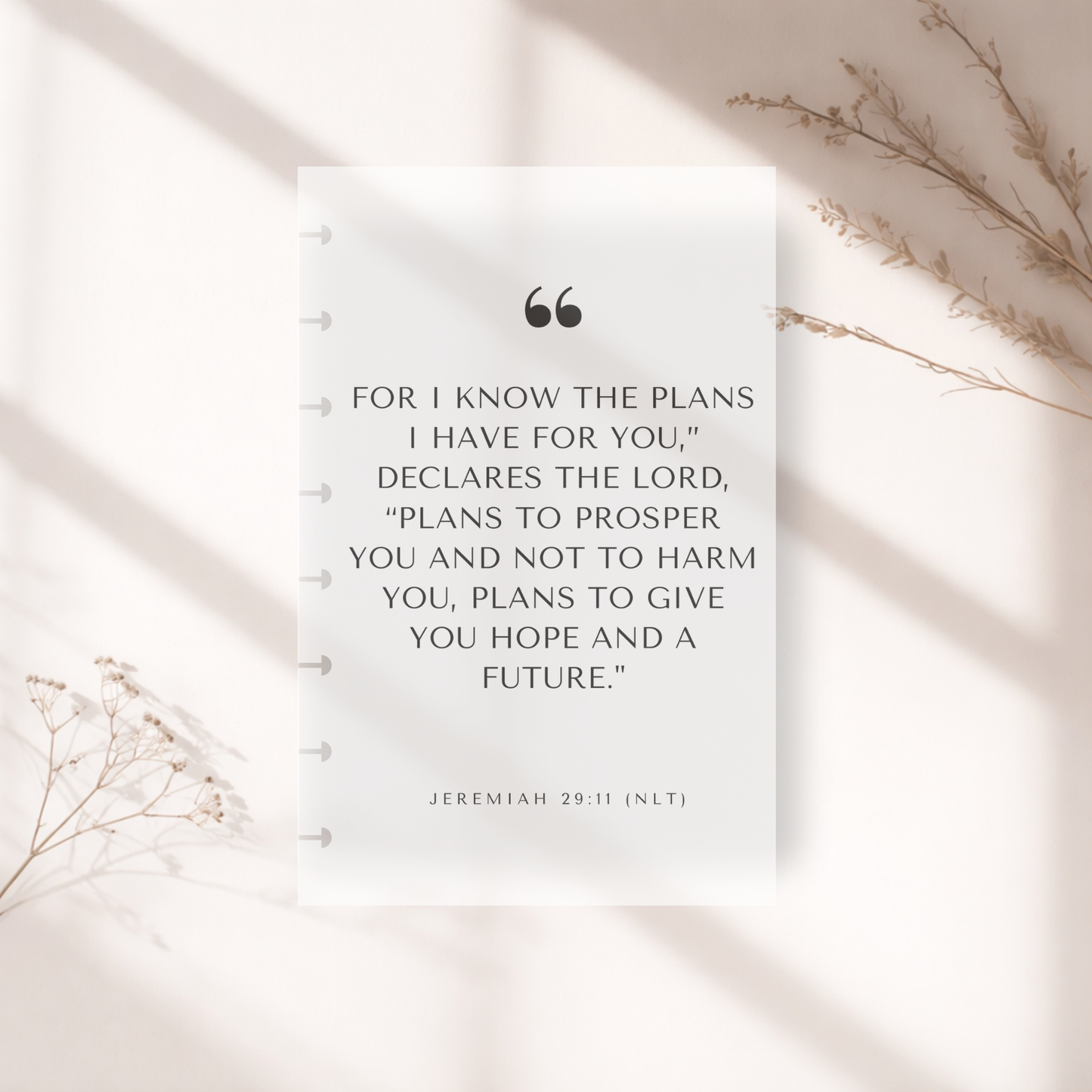 Half Letter Frosted Dashboard with Jeremiah 29:11 scripture on a light background with dried flowers